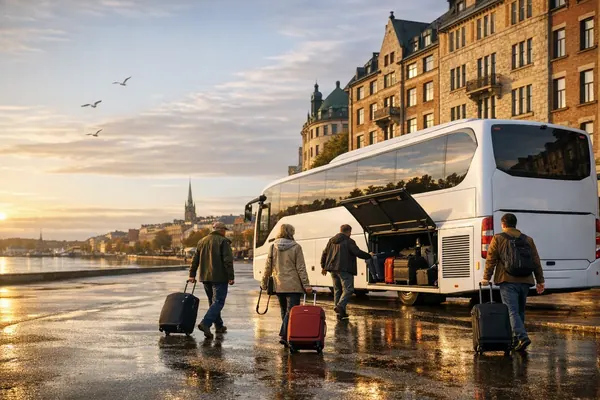 Turbuss og reisende med kofferter på kaia i Göteborg