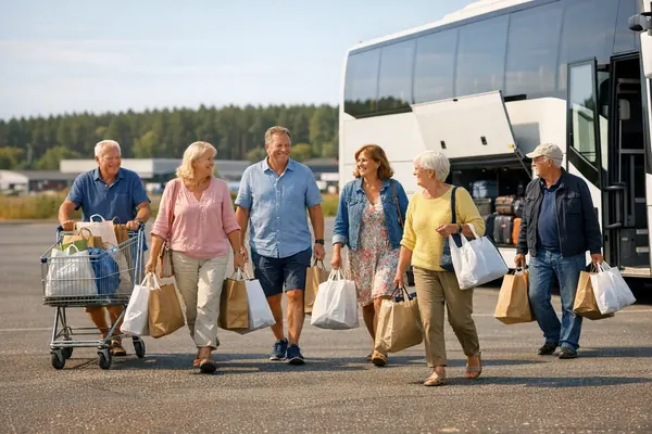 Reisende med handleposer går fra varehuset mot turbussen